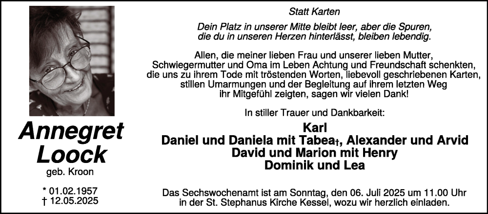  Traueranzeige für Annegret Loock vom 05.07.2025 aus NNA
