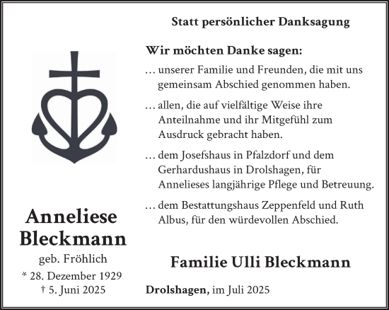 Traueranzeige von Anneliese Bleckmann von NNA