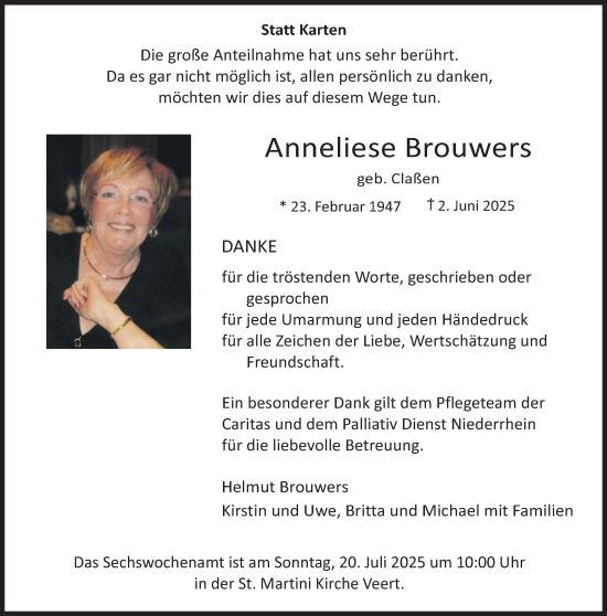 Traueranzeige von Anneliese Brouwers von NNA