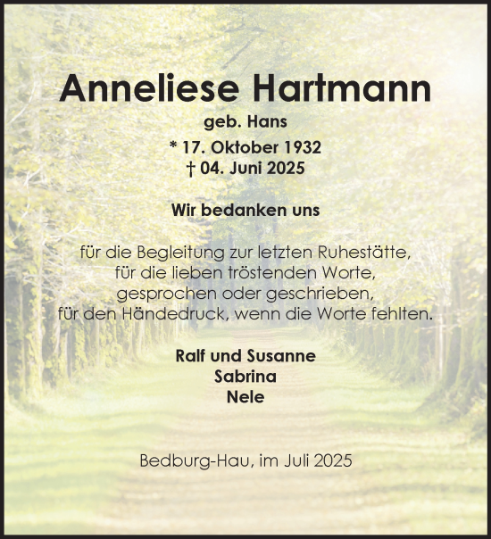 Traueranzeige von Anneliese Hartmann von NNA