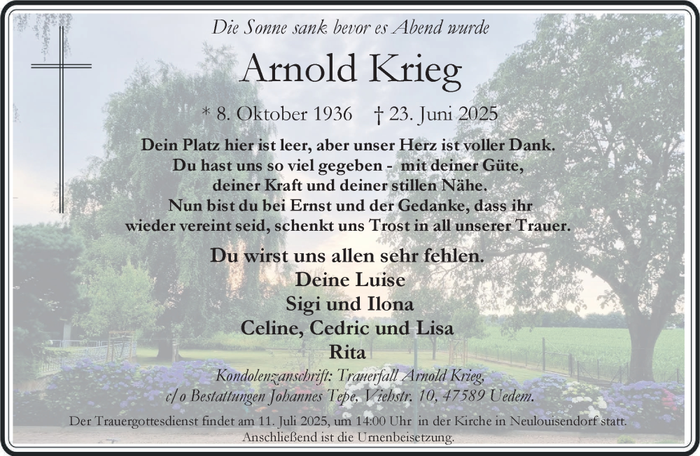  Traueranzeige für Arnold Krieg vom 05.07.2025 aus NNA