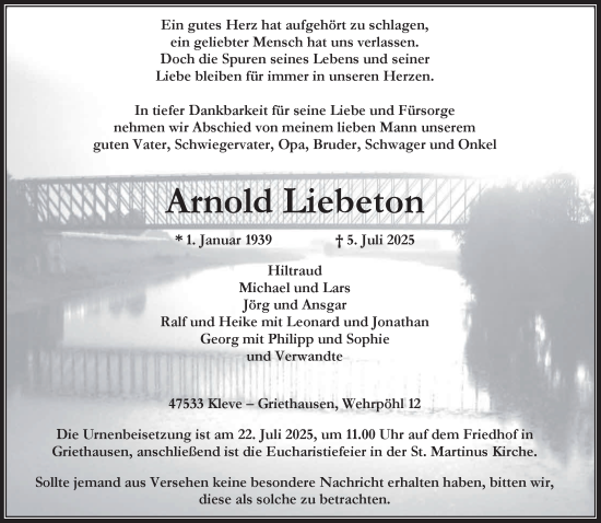Traueranzeige von Arnold Liebeton von NNA