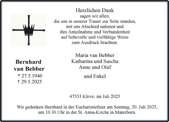 Traueranzeige von Bernhard van Bebber von NNA
