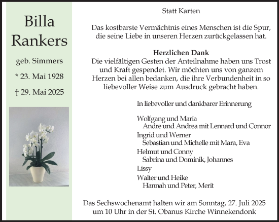 Traueranzeige von Billa Rankers von NNA