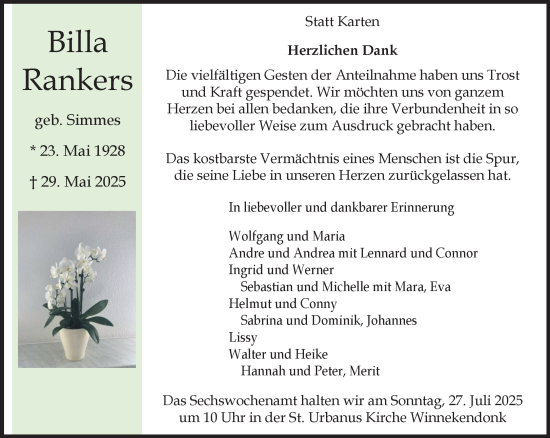 Traueranzeige von Billa Rankers von NNA