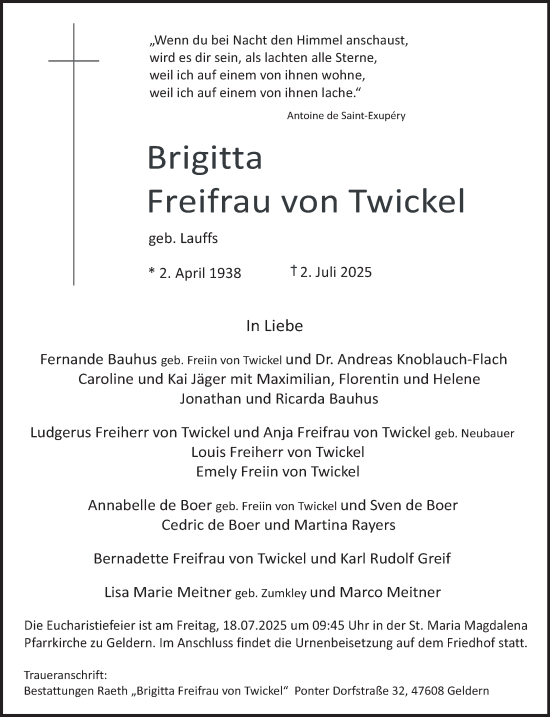 Traueranzeige von Brigitta Freifrau von Twickel von NNA