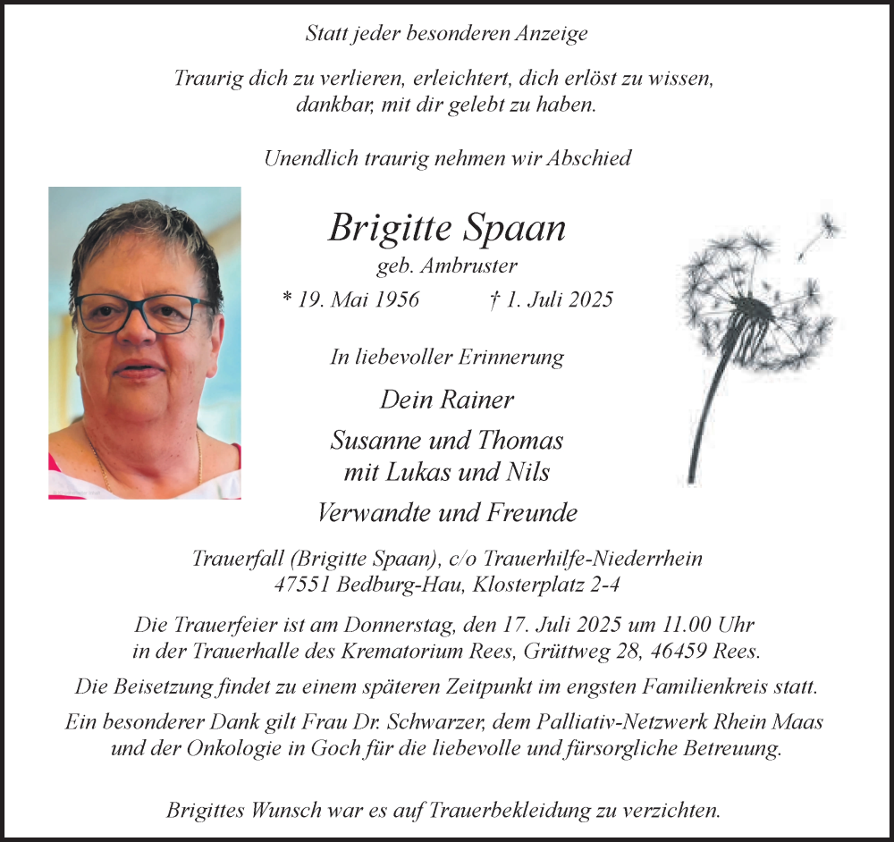  Traueranzeige für Brigitte Spaan vom 12.07.2025 aus NNA