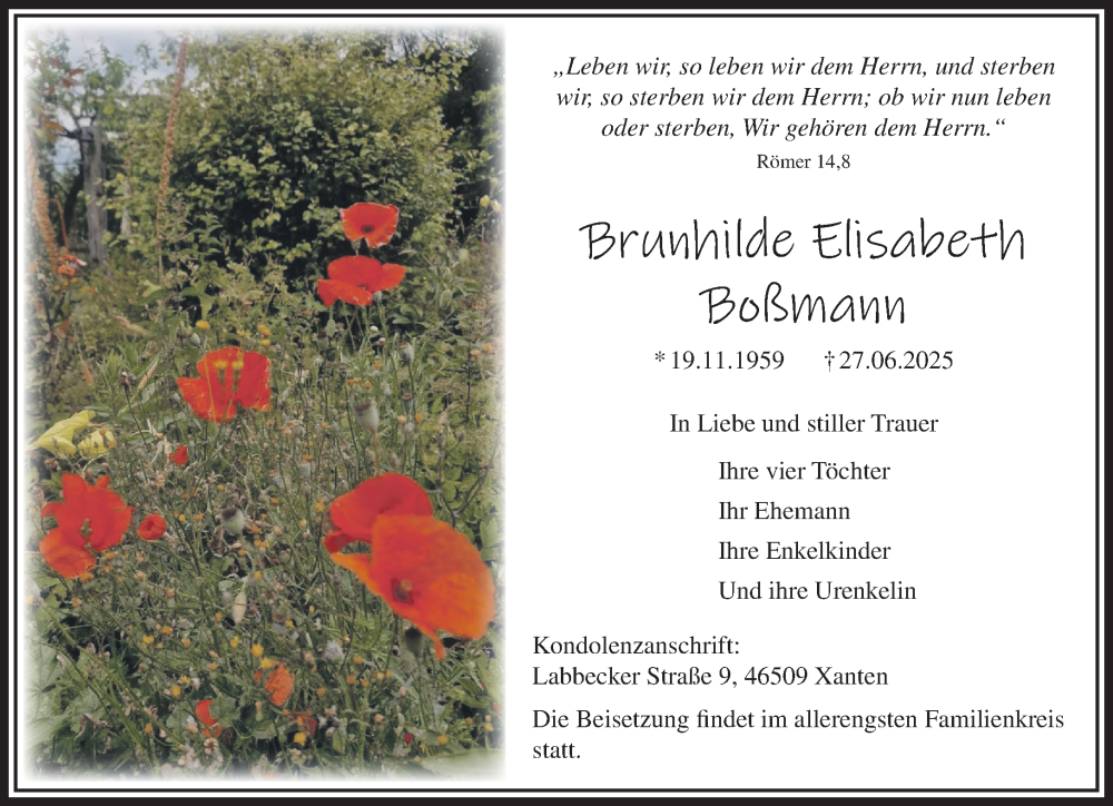  Traueranzeige für Brunhilde Elisabeth Boßmann vom 19.07.2025 aus NNA