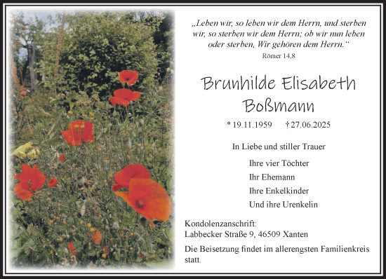 Traueranzeige von Brunhilde Elisabeth Boßmann von NNA