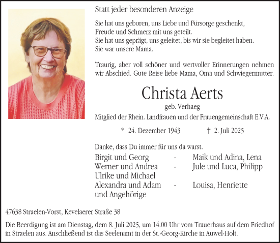 Traueranzeige von Christa Aerts von NNA