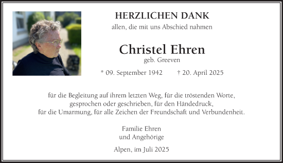 Traueranzeige von Christel Ehren von NNA