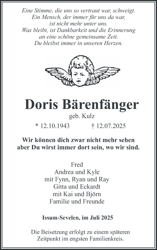 Traueranzeige von Doris Bärenfänger von NNA