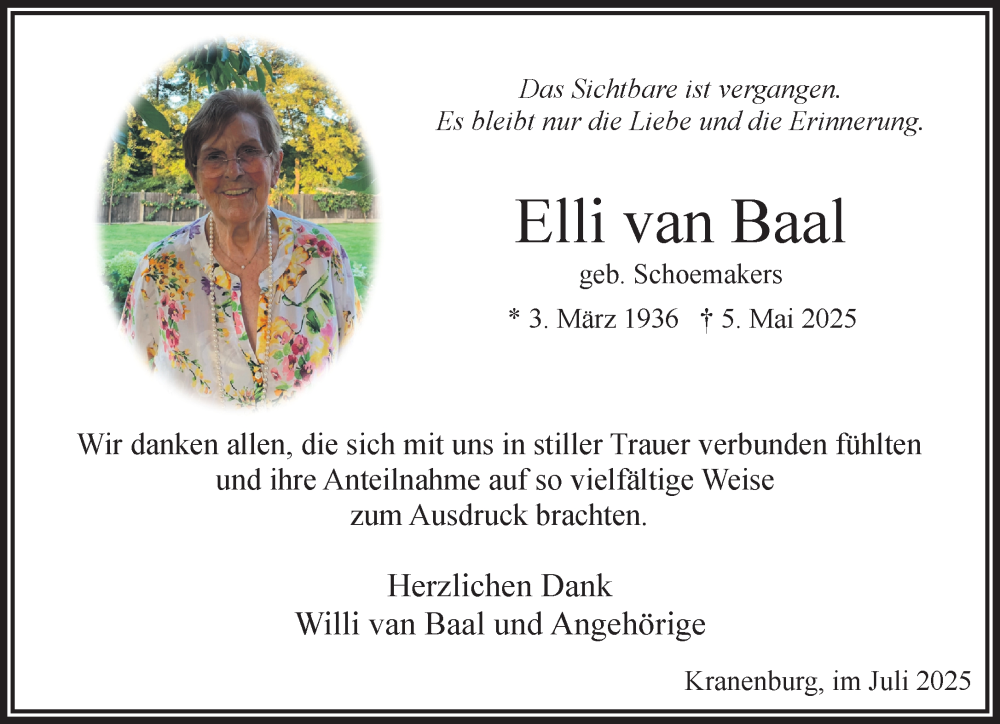 Traueranzeige für Elli van Baal vom 19.07.2025 aus NNA