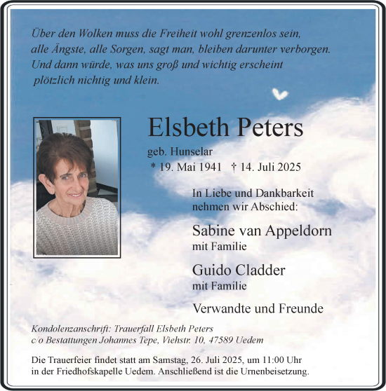 Traueranzeige von Elsbeth Peters von NNA