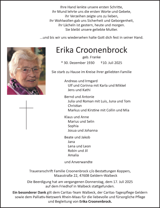 Traueranzeige von Erika Croonenbrock von NNA