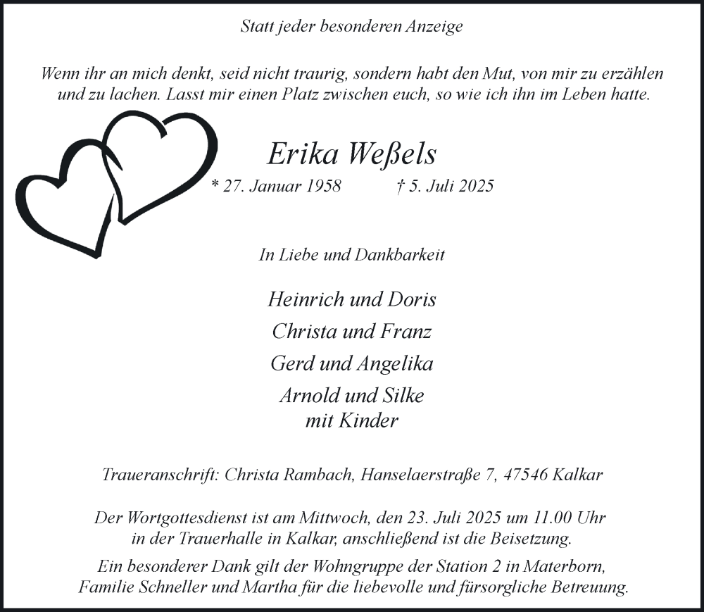  Traueranzeige für Erika Weßels vom 12.07.2025 aus NNA