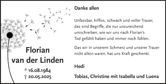 Traueranzeige von Florian van der Linden von NNA