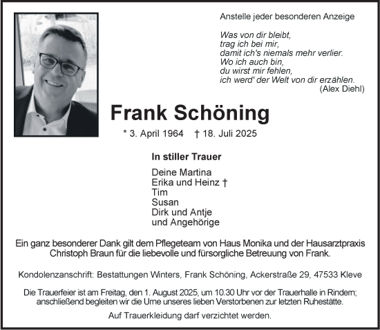 Traueranzeige von Frank Schöning von NNA