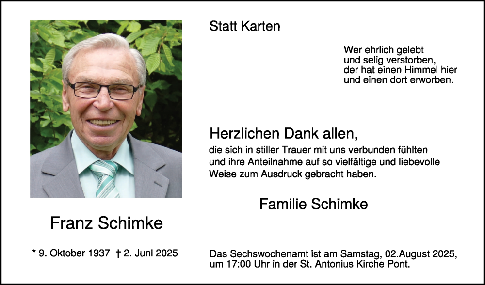 Traueranzeige für Franz Schimke vom 26.07.2025 aus NNA