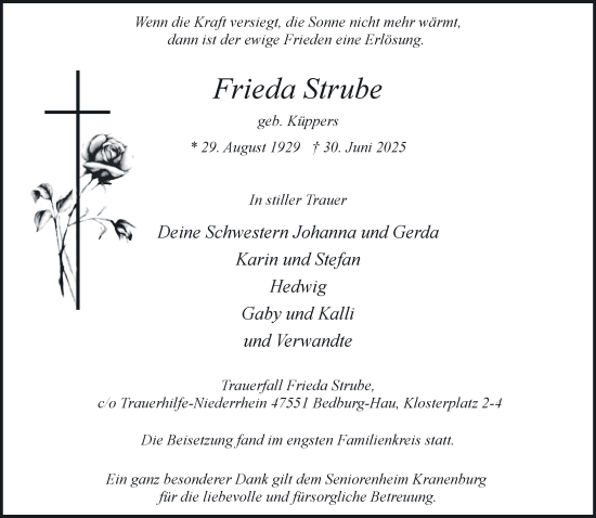 Traueranzeige von Frieda Strube von NNA
