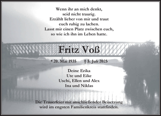 Traueranzeige von Fritz Voß von NNA