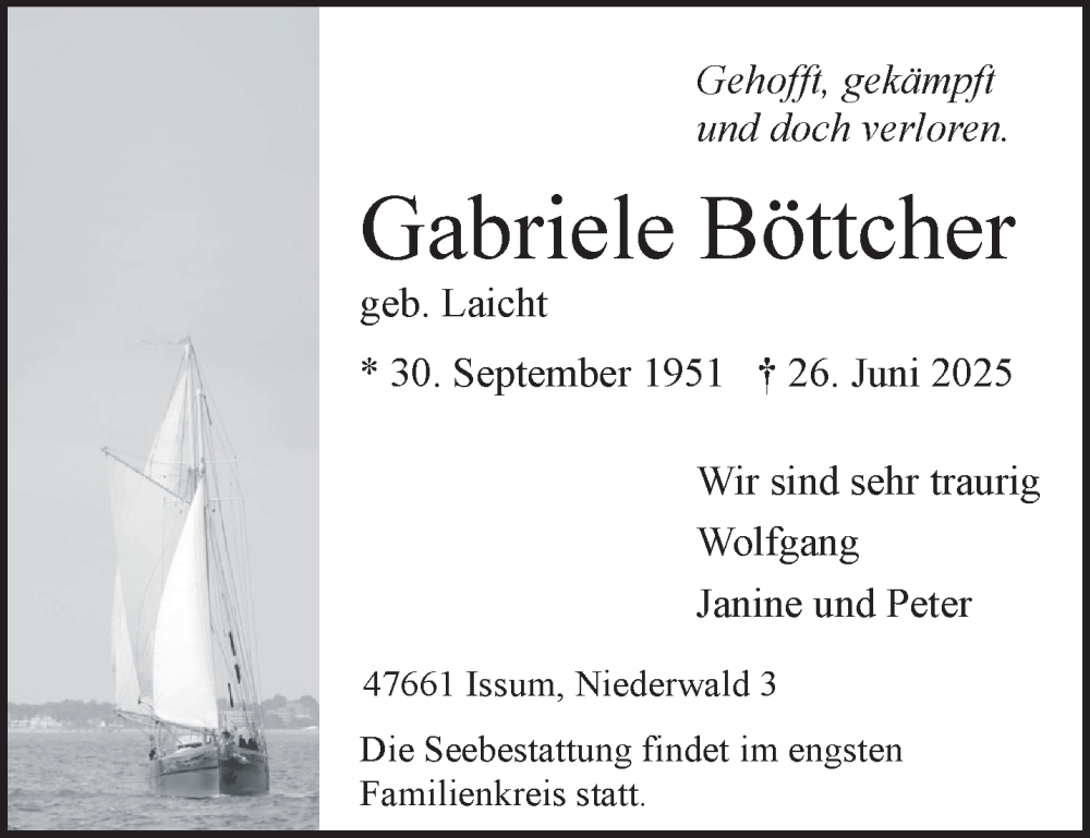  Traueranzeige für Gabriele Böttcher vom 05.07.2025 aus NNA