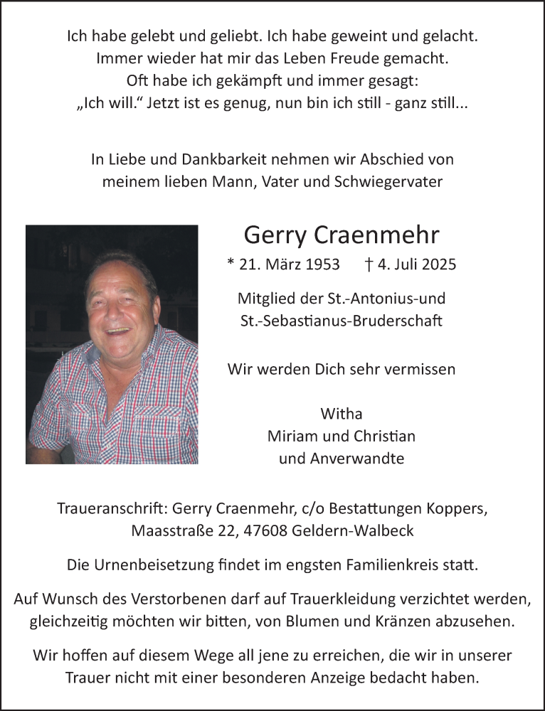  Traueranzeige für Gerry Craenmehr vom 12.07.2025 aus NNA