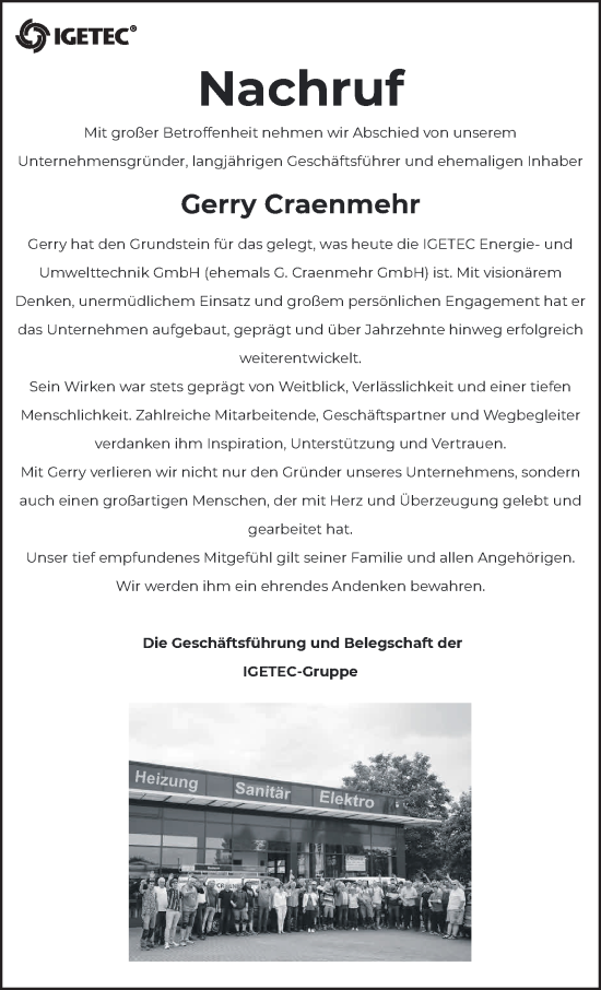 Traueranzeige von Gerry Craenmehr von NNA