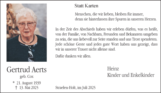 Traueranzeige von Gertrud Aerts von NNA