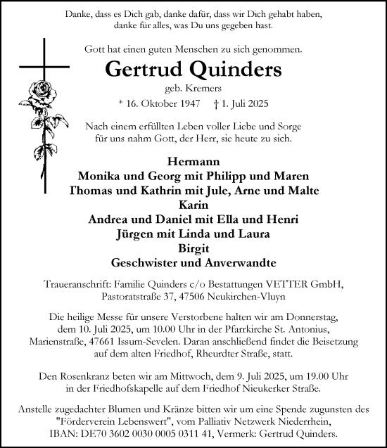 Traueranzeige von Gertrud Quinders von NNA