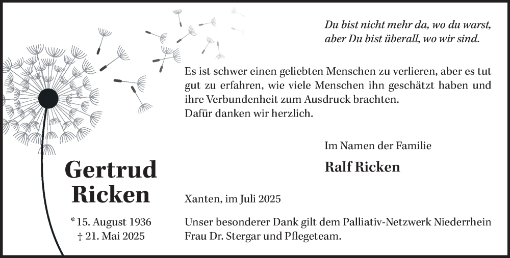  Traueranzeige für Gertrud Ricken vom 05.07.2025 aus NNA