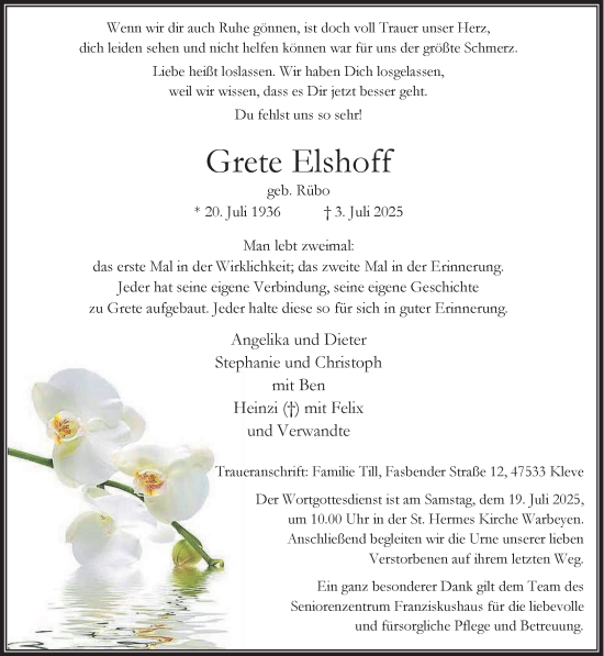 Traueranzeige von Grete Elshoff von NNA