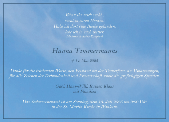 Traueranzeige von Hanna Timmermanns von NNA