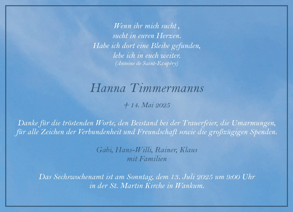  Traueranzeige für Hanna Timmermanns vom 05.07.2025 aus NNA