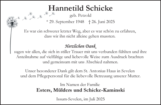 Traueranzeige von Hannetild Schicke von NNA