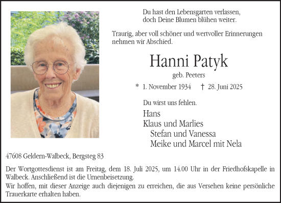 Traueranzeige von Hanni Patyk von NNA