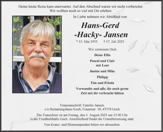 Traueranzeige von Hans-Gerd Jansen von NNA