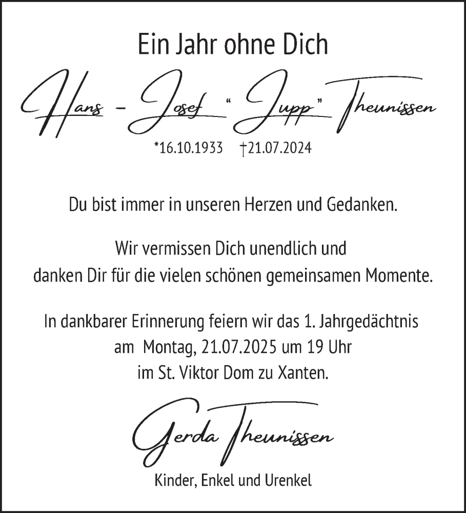  Traueranzeige für Hans-Josef Theunissen vom 19.07.2025 aus NNA