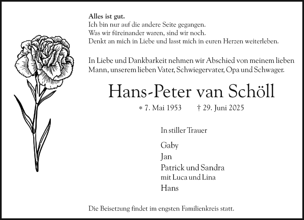  Traueranzeige für Hans-Peter van Schöll vom 05.07.2025 aus NNA