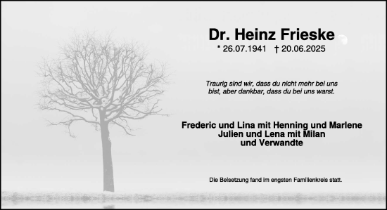 Traueranzeige von Heinz Frieske von NNA