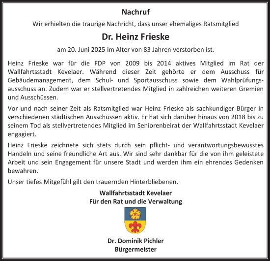 Traueranzeige von Heinz Frieske von NNA