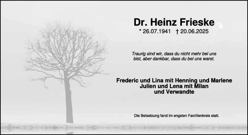  Traueranzeige für Heinz Frieske vom 05.07.2025 aus NNA
