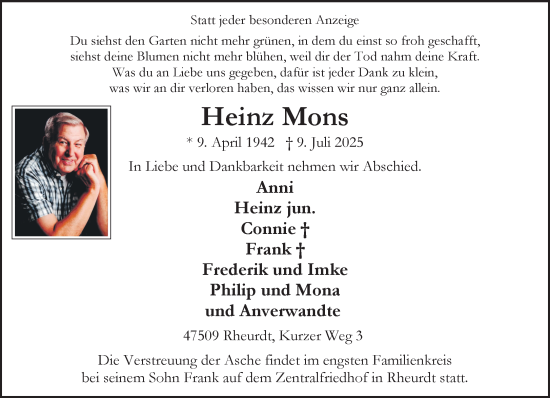 Traueranzeige von Heinz Mons von NNA