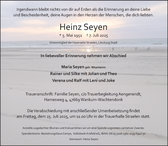 Traueranzeige von Heinz Seyen von NNA