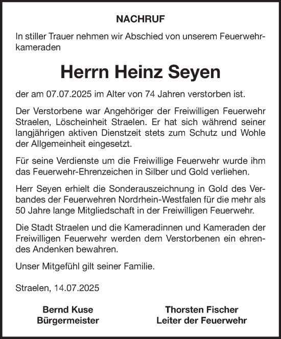 Traueranzeige von Heinz Seyen von NNA