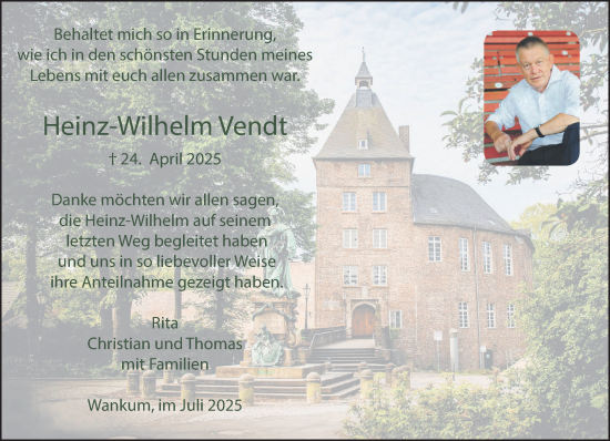 Traueranzeige von Heinz-Wilhelm Vendt von NNA