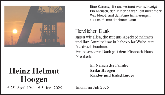 Traueranzeige von Heinz Helmut Hoogen von NNA