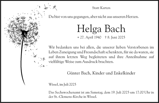 Traueranzeige von Helga Bach von NNA