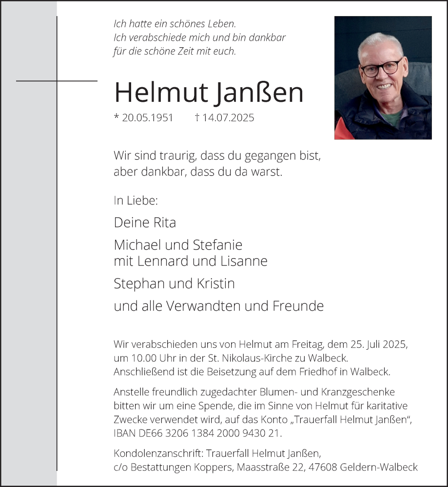  Traueranzeige für Helmut Janßen vom 19.07.2025 aus NNA