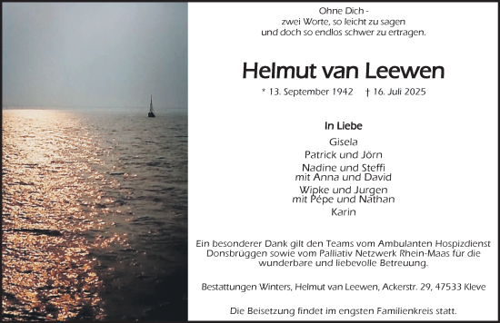 Traueranzeige von Helmut van Leewen von NNA